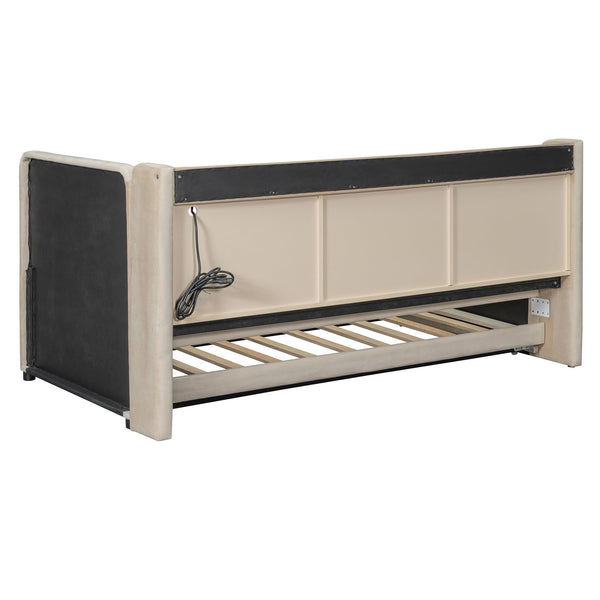 English Elm Twin Upholstered Daybed with Pull-Up Trundle, Velvet High Back with Shelves, Flip Storage & USB Beige SF000194AAA