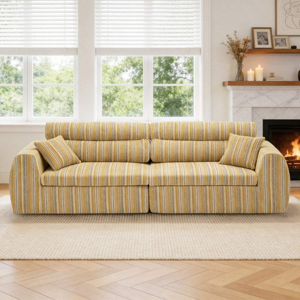 English Elm Chenille Stripe Velvet Sofa Three Seat Minimalist Upholstered Couch for Living Room Yellow+Black W5532S00016