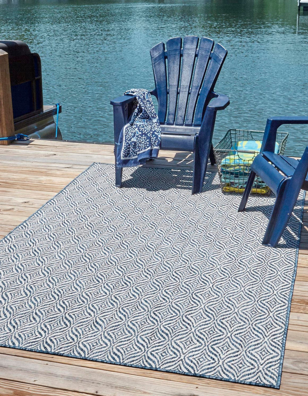 Unique Loom Outdoor Trellis Deco Trellis Machine Made Trellis Rug Blue, Ivory/Navy Blue 8' 0" x 11' 4"