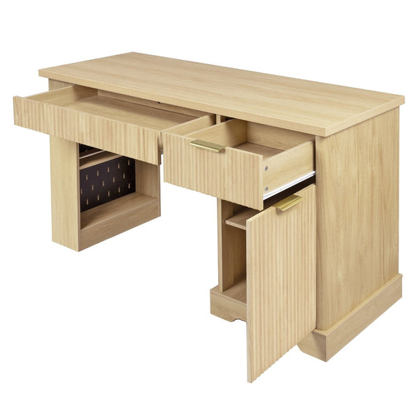 English Elm 55" Fluted White Computer Desk with Power Outlet Pegboard Cabinet and Keyboard Tray W2917P396017