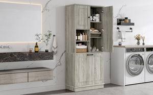 English Elm Tall Storage Cabinet with Flip-Out Basket, Adjustable Shelves & Aluminum Handles for Organized Living Oak N725P322739L