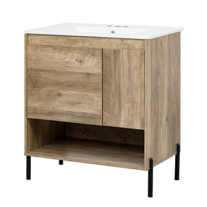 English Elm 30" Modern Wood Bathroom Vanity with Ceramic Sink, Soft-Close Door, Drawer Dividers & Open Shelf N710P247136P