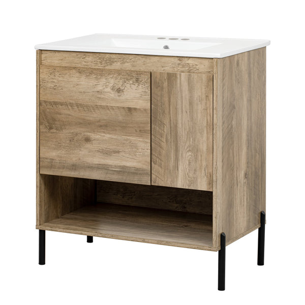 English Elm 30" Modern Wood Bathroom Vanity with Ceramic Sink, Soft-Close Door, Drawer Dividers & Open Shelf N710P247136P