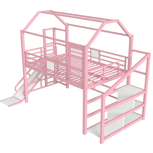 English Elm Full Full House Loft bed with Slide and Stairs, Metal House Play Loft with Storage Shelves and Quiet Design Pink W1580S00351