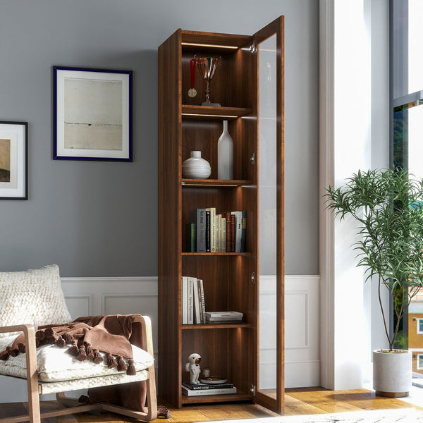 English Elm Display Cabinet Glass Doors Curio with 5 Shelves and LED Lighting, Dustproof Bookcase for Collectibles W331P281123