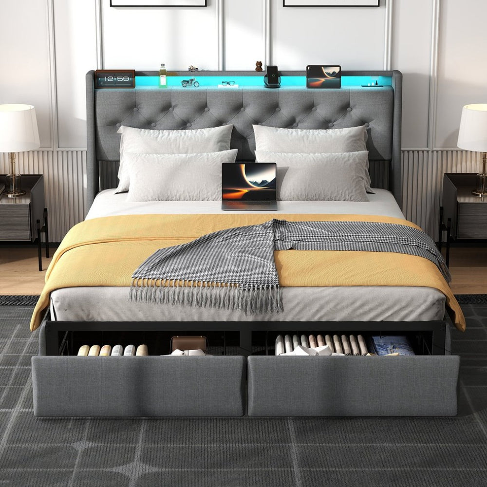 English Elm Full Linen Upholstered Bed with Led Headboard Storage Shelf and Usb Charging Port T3963P447144