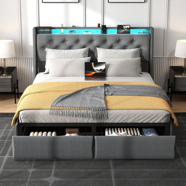English Elm Full Linen Upholstered Bed with Led Headboard Storage Shelf and Usb Charging Port T3963P447144