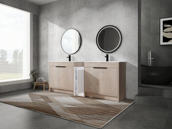 English Elm 84 Inch Freestanding Bathroom Vanity with Integrated Resin Sink, Soft-Close Doors, Shelves & Extra Storage Space Glossy White,Plain Light Oak W999S00320