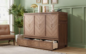 English Elm Queen Cabinet Murphy Bed Pine Wood Frame Geometric Panel Usb Charging Guest Room W504S00306