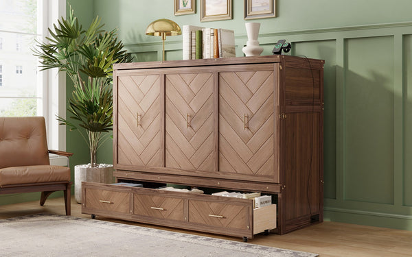 English Elm Queen Cabinet Murphy Bed Pine Wood Frame Geometric Panel Usb Charging Guest Room W504S00306