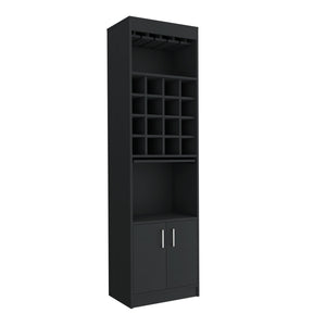 English Elm Being Kava Bar Cabinet Black - Double Door Storage, Two Shelves, 16 Wine Slots, Glass Rack, Easy Assembly B200S00174