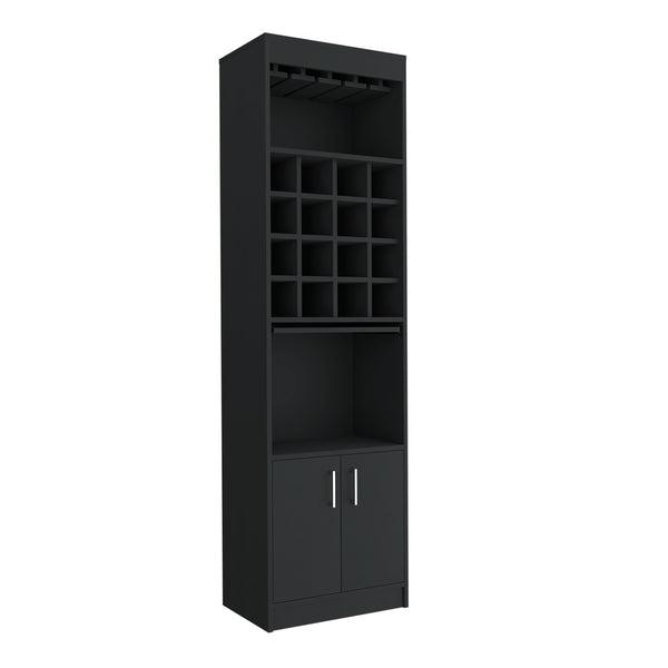 English Elm Being Kava Bar Cabinet Black - Double Door Storage, Two Shelves, 16 Wine Slots, Glass Rack, Easy Assembly B200S00174