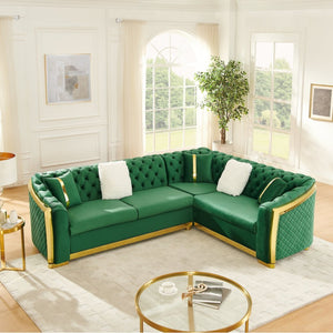 English Elm 106 Inch Velvet Tufted Chesterfield Sectional with Gold Steel Legs for Large Living Rooms Green W1191S00127