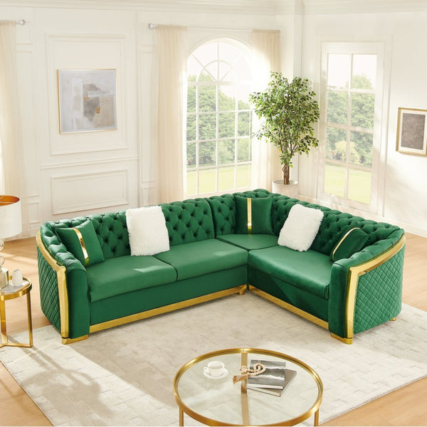 English Elm 106 Inch Velvet Tufted Chesterfield Sectional with Gold Steel Legs for Large Living Rooms Green W1191S00127