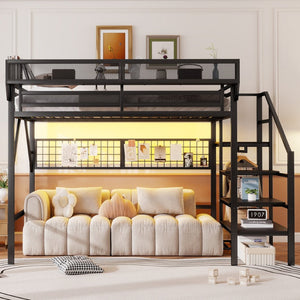 English Elm Queen Metal Loft Bed with Stair Storage Wardrobe Rgb Lighting for Teens Adults W2580S00052