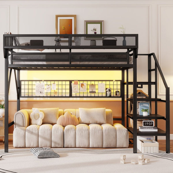 English Elm Queen Metal Loft Bed with Stair Storage Wardrobe Rgb Lighting for Teens Adults W2580S00052