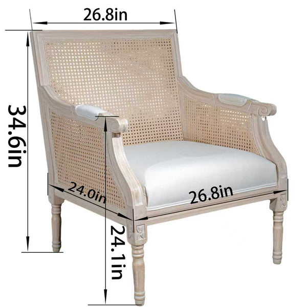 English Elm French Accent Chair Beige Upholstered Rattan Back Armchair — Vintage Solid Wood Reading Seat for Homes W3426P394275
