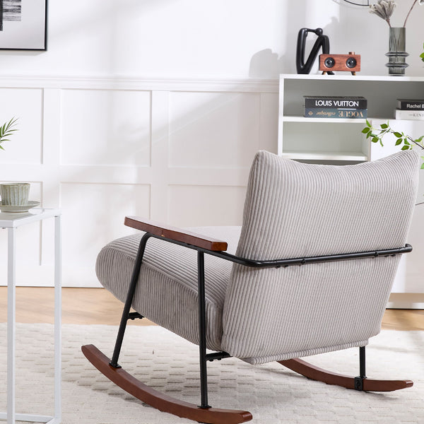 English Elm Modern Accent Chair Mid-Century Rocking Armchair Gray Fabric with Walnut Arms, Metal Frame, 300lb Capacity W1403P241856