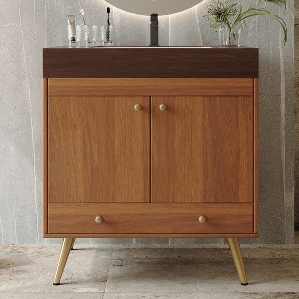 English Elm Mid-century Freestanding Bathroom Vanity Marble Stone Top Ceramic Sink Gold Legs W3136S00064
