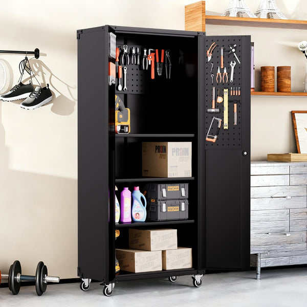 English Elm 71" Rolling Steel Garage Cabinet Lockable Doors Adjustable Shelves Heavy Duty T2398P413023