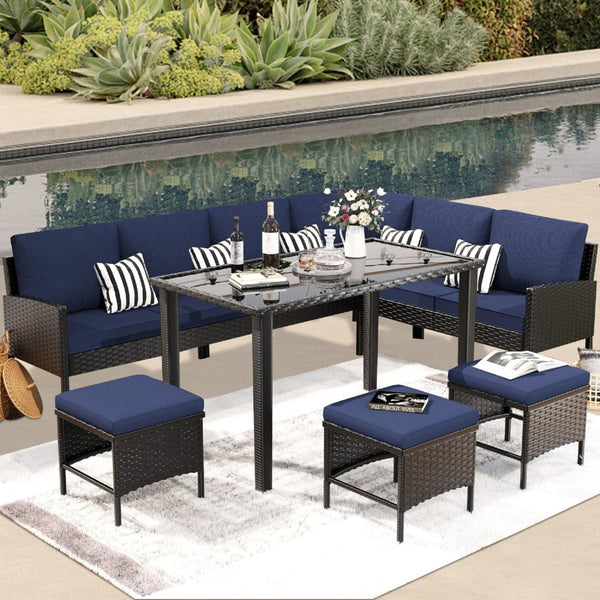 English Elm Small Space Outdoor Wicker Dining Set with Tempered Glass Table and Cushioned Seating W2071P281587