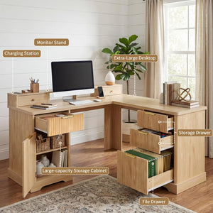 English Elm 59" Fluted Oak L-shaped Corner Desk with Charging Station Monitor Stand and File Storage Light Oak W2917S00005