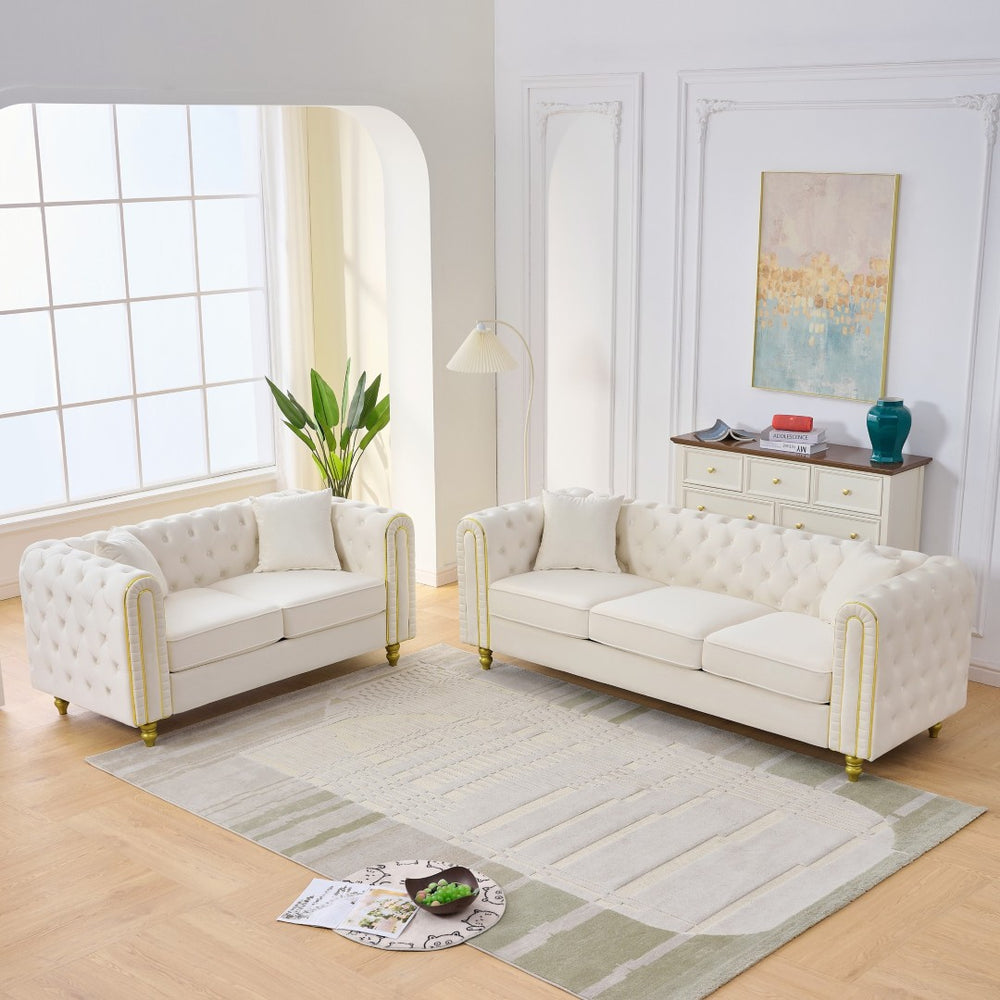 English Elm 3 Piece Chesterfield Velvet Sofa Set Button Tufted with Gold Legs for Living Room Beige W3373S00082