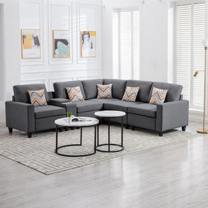 English Elm Nereo Six Piece Linen Sectional Sofa with Charging Console Storage and Reversible Layout B2749S00129