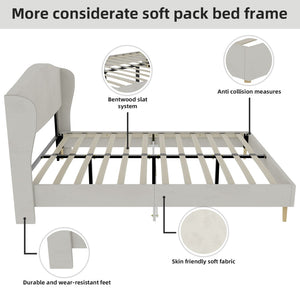English Elm Velvet Tufted Queen Platform Bed Diamond Headboard for Elegant Master Bedroom Beige W1935P361022