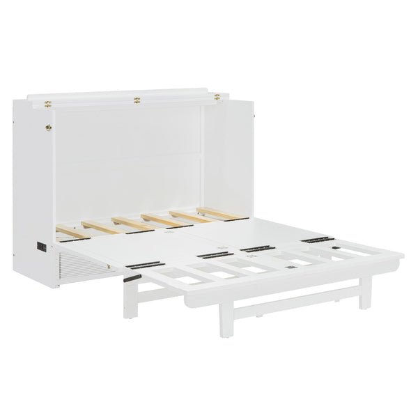 English Elm Full Size Murphy Bed Cabinet with Usb Charging Drawer and Rolling Base for Studios LP000597AAK