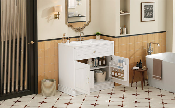 English Elm 36" Luxurious Bathroom Vanity with Ceramic Sink and Soft-Close Doors, Solid Wood Frame, Adjustable Shelves White N710P288944K