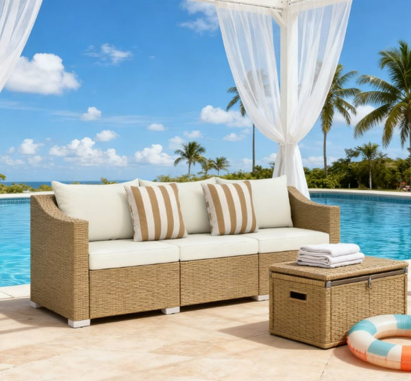 English Elm Outdoor Hand-woven Pe Rattan 3-seat Patio Sofa with All-weather Cushions Included T3971P417926