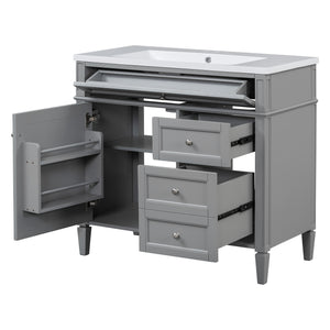English Elm 36'' Modern Bathroom Vanity Set With Mirror, 2 Soft-Close Drawers, & 6 Open Shelves For Storage N710S236006E