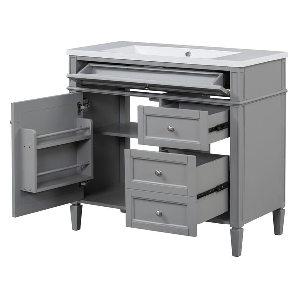 English Elm 36'' Modern Bathroom Vanity Set With Mirror, 2 Soft-Close Drawers, & 6 Open Shelves For Storage N710S236006E