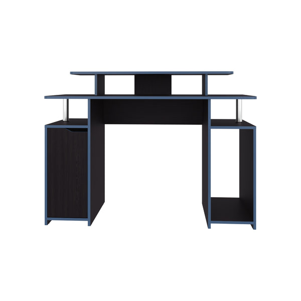 English Elm Keria 47" Gamer Desk with 2 Tiers, Three Shelves & PC Tower Stand — Black MDF, Blue Accent Trim B200P335322