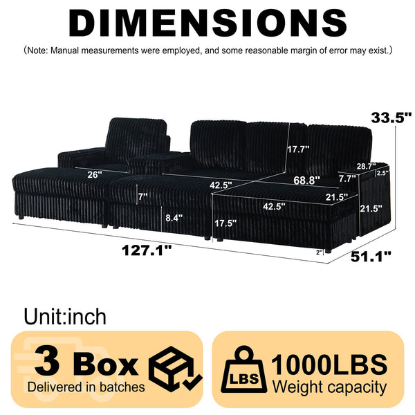 English Elm Corduroy minimalist coffee table conversion sofa set with cup grooves, recliner comfort and L-shaped layout for hosting Black W834S00547