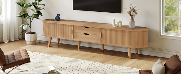 English Elm Wooden Fluted Tambour Media Console Mid Century Modern Tv Stand with Built in Charging Natural N721P428444L