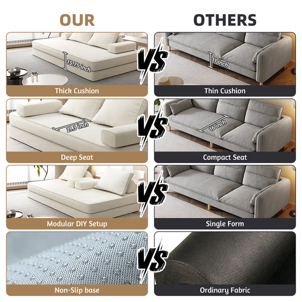 English Elm 86.6"Multifunctional Folding Sofa Bed with Chaise, Fluffy Chenille, Removable Backs & Pillows, Deep Seat Lounge Beige W3219P340665
