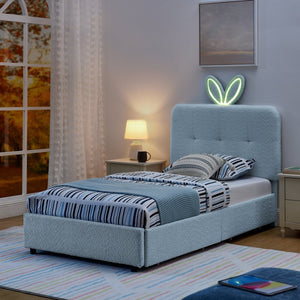 English Elm Twin Kids Boucle Upholstered Bed Rabbit Ear Headboard Led Lighting Four Storage Drawers Navy W1413P384922