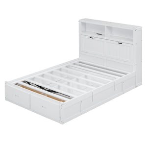 English Elm Wood Full Size Hydraulic Platform Bed with LED Headboard, Charging Station, Hidden Storage Drawers and Shelves White GX000371AAK