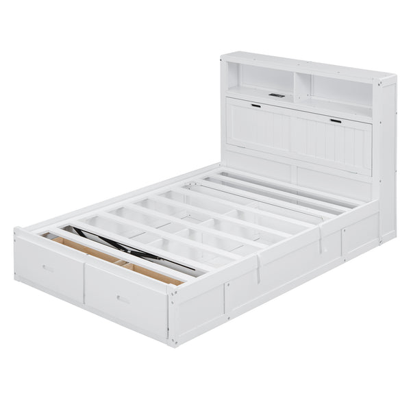 English Elm Wood Full Size Hydraulic Platform Bed with LED Headboard, Charging Station, Hidden Storage Drawers and Shelves White GX000371AAK