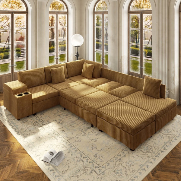 English Elm 110.2" Corduroy Sectional Sleeper Sofa with Ottoman Usb Ports Storage Armrests Living Room Camel W3219S00015