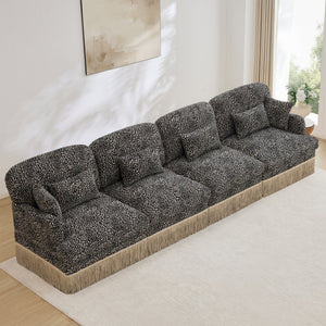 English Elm 131" Chenille Leopard Sectional Sofa Modular 4 Seat Deep Cushion Tassel Trim Khaki W5656S00025
