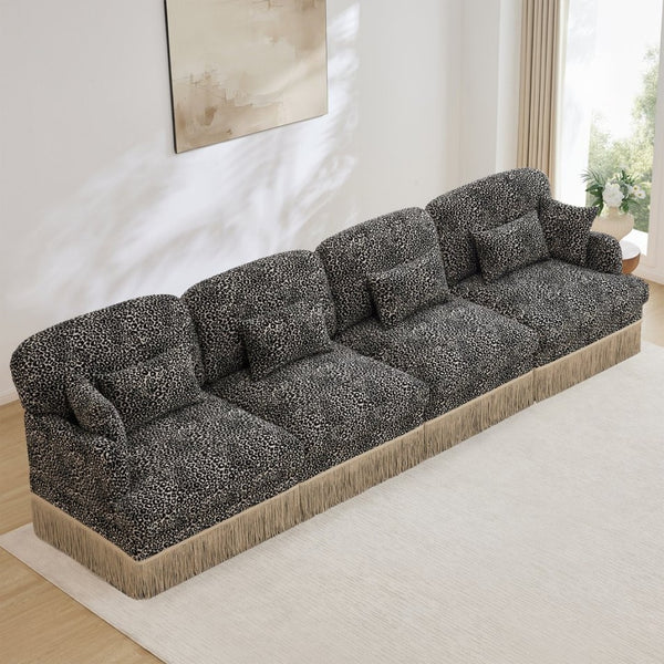 English Elm 131" Chenille Leopard Sectional Sofa Modular 4 Seat Deep Cushion Tassel Trim Khaki W5656S00025