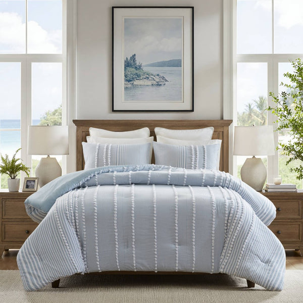 English Elm 3- Piece King Cotton Yarn Dyed Stripe Jacquard Pompom Comforter Set Oeko-tex Certified Blue B035P482893