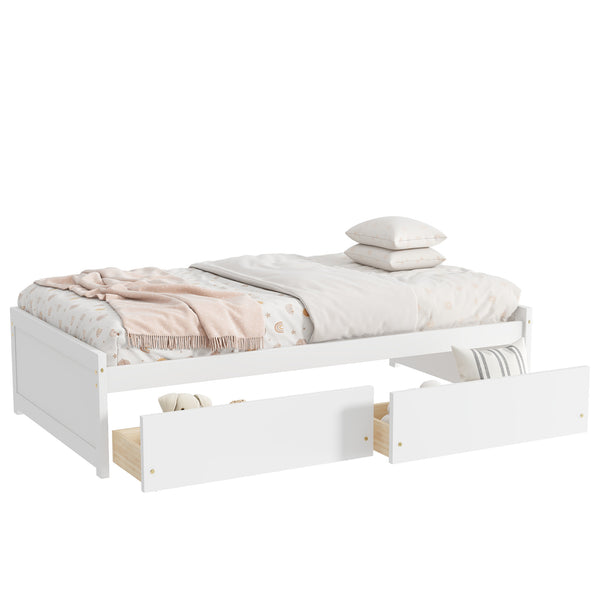 English Elm Twin Twin Size Bed with 2 Drawers Solid Rubber Wood Frame, Space-Saving Storage and Easy Assembly White W504P313037