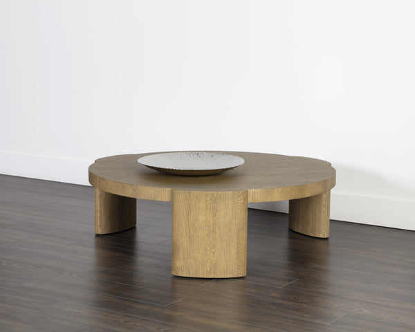 Sunpan Alouette Round Coffee Table - Modern Design with Light Brown Oak Veneer Top and Unique Character Aged Oak V1
