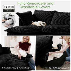 English Elm Slipcovered U-Shape Sectional Sofa Couch - Deep Comfy Seats, French Edges, 4-Seater In Soft Black Corduroy W3041S00101-GIGA