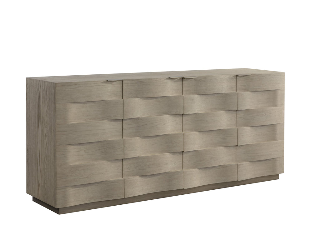 Sunpan Hoyos Sideboard - Elegant Light Wash Finish with Curved Panels & Warm Brass Handles for Modern Spaces