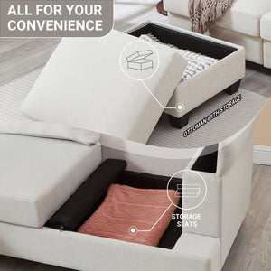 English Elm 86" Linen Sectional Sofa with Storage Ottoman Reversible Chaise for Small Spaces Beige W1669S00035